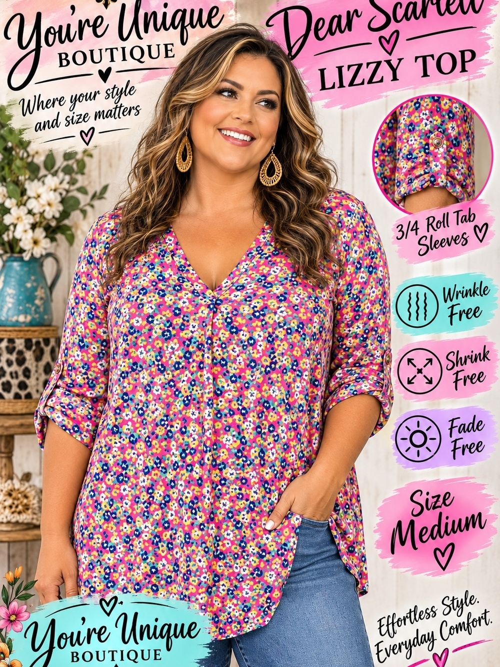 Dear Scarlett Floral V-Neck Roll-Tab Tunic in Pink Multi
